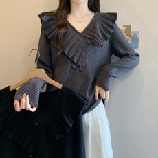 批发实拍 大码女装设计感荷叶边V领针织衫秋<b class='q'>冬</b>气质显瘦别致打底上衣