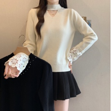 批发<b class='q'>实拍</b> <b class='q'>大码</b><b class='q'>女装</b>法式V领镂空蕾丝拼接长袖针织衫别致钉珠内搭上衣