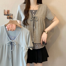 批发实拍 <b class='q'>大码</b>女装韩系减龄宽松格纹假两件系带<b class='q'>开衫</b>上衣