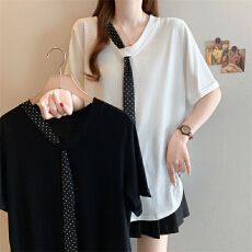 批发实拍 <b class='q'>大码</b>女装夏季新款韩版时尚设计感波点丝巾V领宽松短袖T恤