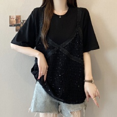 批发实拍 大码女装夏季新款亮片拼接假两件T恤