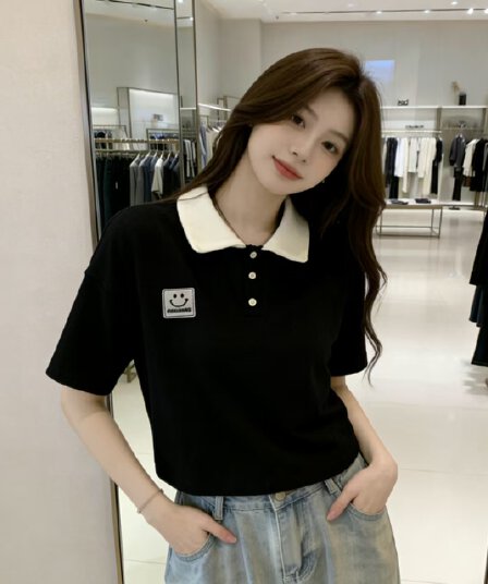 실사 지방 mm 빅 사이즈 여성 의류 여름 한국 스타일 패션 배색 POLO 칼라 자수 패치 루즈핏 티셔츠 맨위