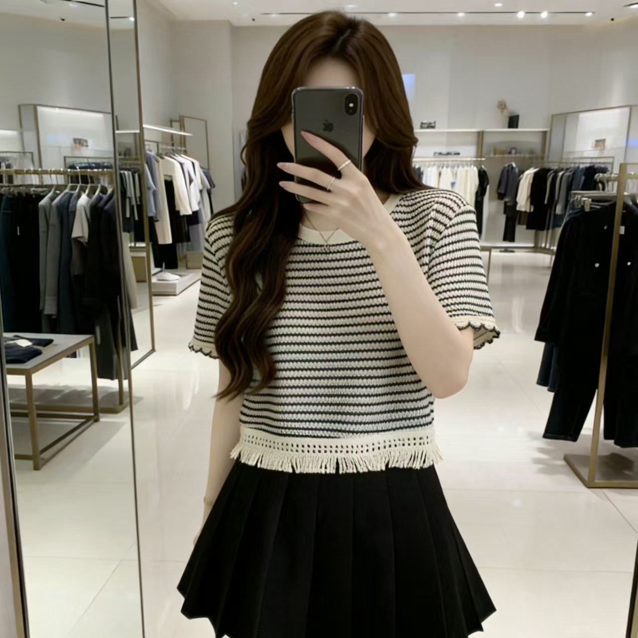 실사 빅 사이즈 여성 의류 여름 라운드 넥 스트라이프 반팔 티셔츠 루즈핏 슬림해 보이는 술 한국 스타일 쇼트 스타일 맨위