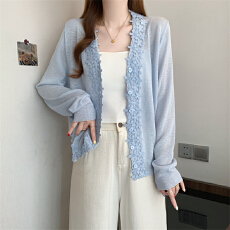 批发实拍 <b class='q'>大码</b>女装花朵蕾丝拼接V领防晒针织衫洋气时尚<b class='q'>外套</b>罩衫上衣