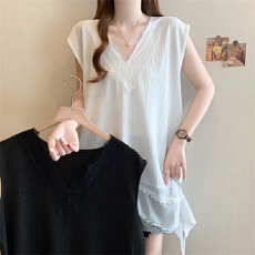 批发实拍 <b class='q'>大码</b>女装V领蕾丝拼接无袖<b class='q'>背心</b>华夫格纹理感宽松显瘦叠穿上衣