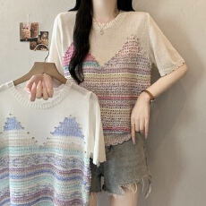 批发实拍 大码女装钉珠镂空彩色条纹针织衫宽松减龄短袖上衣