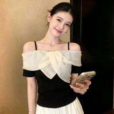 批发实拍 大码女装温柔风韩系一字肩黑色短袖T恤气质修身显瘦上衣