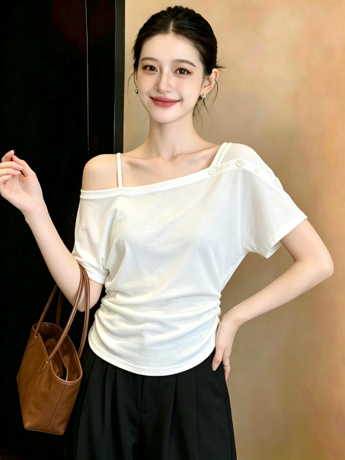 RY6082# 实拍 大码女装韩系简约露肩短袖T恤收腰显瘦纽扣设计感上衣