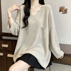 批发实拍 大码女装慵懒风V领镂空针织衫秋季宽松遮肉显瘦<b class='q'>中长款</b>上衣