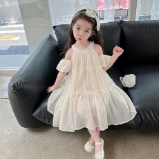 批发女宝<b class='q'>夏</b>装洋气连衣裙2026新款韩版设计感挂脖连衣裙女孩时尚公主裙