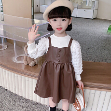 批发<b class='q'>女童</b>皮<b class='q'>裙</b>背带套裙秋冬季2025新款洋气儿时尚学院风泡泡袖公主裙