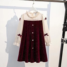 批发女童礼服2025新款长袖红色时尚洋气拼接连衣裙小女孩生日装<b class='q'>演出服</b>