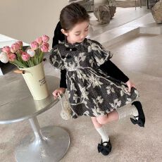 批发2026<b class='q'>春</b>秋设计感女宝宝国风连衣裙时尚女童印花泡泡袖旗袍裙公主裙