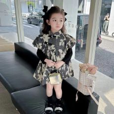 批发秋季女童泡泡袖连衣裙假两件撞色碎花裙<b class='q'>儿童</b>新中式盘扣国风裙子潮