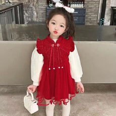 批发女孩红色复古连衣裙两件套2025秋季新款百搭打底衫上衣<b class='q'>背心</b>裙子潮