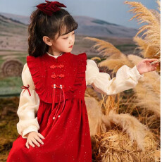 批发新中式复古<b class='q'>女童</b>盘扣<b class='q'>背心裙</b>打底衫2025新年拜年服红色公主裙子潮
