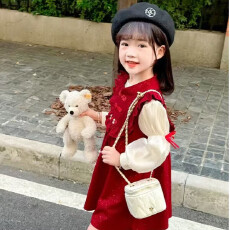批发高级感<b class='q'>童装</b>女童秋冬新年红色复古盘扣<b class='q'>背心</b>裙长袖女孩两件套连衣裙