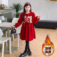 批发女童秋冬季加绒连衣裙中小童中国风娃娃领公主裙<b class='q'>儿童</b>红色拜年裙子