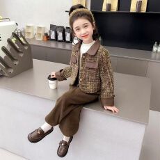 批发<b class='q'>女童</b>小<b class='q'>香风</b>套装2025时髦新款外套宝宝儿童洋气秋装阔腿裤两件套