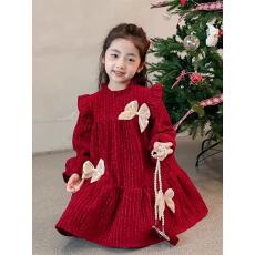 批发女童连衣裙秋冬季儿童红色拜年裙子中小童甜美蝴蝶结喜庆公主裙子