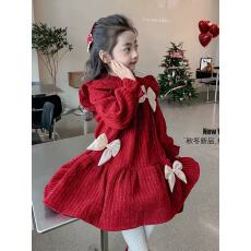 批发2026女童洋气蝴蝶结连衣裙<b class='q'>秋</b>冬新款红色保暖甜美裙子女宝宝生日裙