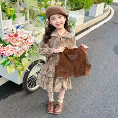 批发<b class='q'>女童</b>连<b class='q'>衣裙套装</b>新款复古碎花长袖裙子女宝宝马甲韩版时髦两件装潮