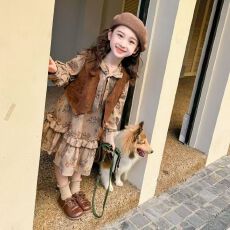 批发2025新款<b class='q'>女童</b>秋<b class='q'>装</b>拼接连衣<b class='q'>裙套装</b>设计感马甲长袖裙子高级两件套