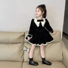 批发<b class='q'>韩版</b>女童2025秋冬新款黑色闪闪丝绒连衣裙女孩甜美蝴蝶结公主裙
