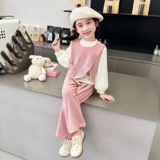 批发女童套装春秋2025新款洋气儿童小香风背心时髦女孩阔腿裤子三件套
