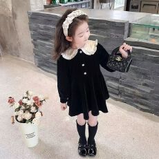 批发长袖连衣裙秋季2025新款小黑裙宝宝儿童公主洋气<b class='q'>女童</b>裙<b class='q'>子</b>春秋款