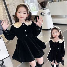 批发2025秋冬<b class='q'>女童</b>公主<b class='q'>裙</b>甜美娃娃领女孩小黑裙生日周岁<b class='q'>礼服</b>裙女宝裙子