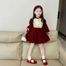 批发女童红色加绒碎花拼接连衣裙2025<b class='q'>秋</b>冬新款女孩可爱甜美裙新年礼服