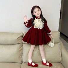批发女小童中国风连衣裙<b class='q'>秋</b>冬款洋气女宝宝喜庆拜年裙冬装加绒公主裙