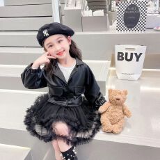批发<b class='q'>女童</b>连<b class='q'>衣裙</b>套装秋装2025新款韩版皮衣外套纱裙两件套儿童时尚衣服
