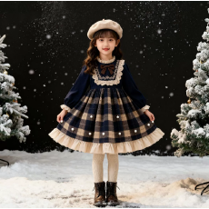 批发女童2025秋冬新款格子连衣裙宝宝加绒学院风洋气洛丽塔蓬蓬公主裙