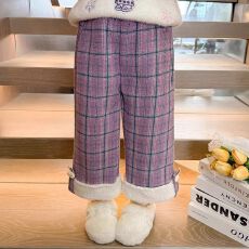 批发女童加绒裤子秋<b class='q'>冬</b>季儿童设计感直筒裤2025新款女宝宝加厚格子长裤