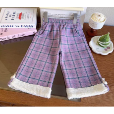 批发2025韩版女童加绒保暖格子裤子冬季新款小女孩毛边休闲时尚阔腿裤