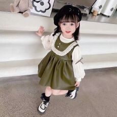 批发女童<b class='q'>春</b>秋季新款韩版休闲泡泡袖套装宝宝洋气马甲裙子秋季长袖打底