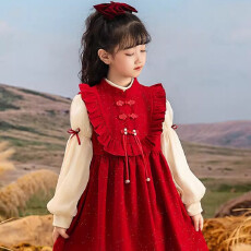 批发红色<b class='q'>女童</b>时尚复古<b class='q'>连衣裙</b>2025新年拜年服装盘扣背心裙<b class='q'>打底衫</b>两件套