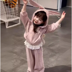 批发森系韩版秋季装可爱儿童女宝宝洋气兔耳蕾丝连帽运动卫衣两件套装