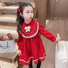 批发女童连衣裙2025秋冬新款红色女孩裙子洋气童装儿童公主宝宝连衣裙