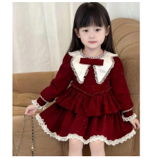 批发2025秋冬新款儿童蓬蓬连衣裙女童红色生日礼服加绒公主洛丽塔裙子