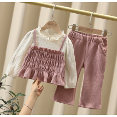 批发女童小香风套装秋装儿童韩系假两件上衣娃娃衫女孩春秋休闲喇叭裤