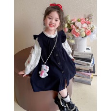 批发2025新款儿童洋气秋季连衣裙宝宝卡通两件套女童衬衫裙子套装秋装