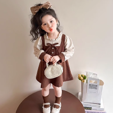 批发女童假两件连衣裙春秋装中小童女孩蝴蝶结裙子学院风儿童公主裙