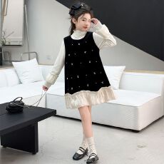 批发女童连衣裙洋气秋冬新款中小童女孩公主背心裙两件套<b class='q'>儿童</b>套装裙