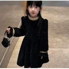 批发女童闪闪蓬蓬小黑裙连衣裙2025秋冬新款女孩气质公主裙加绒生日裙