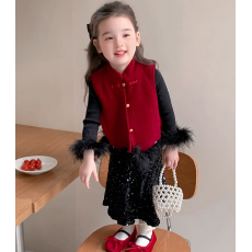 新中式女童套装新款女孩加绒马甲裙子三件套儿童中国风拜年服洋气