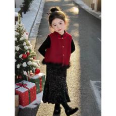 批发女<b class='q'>童</b><b class='q'>拜年</b>服冬<b class='q'>装</b>新中式红色马甲亮片裙子小香风儿<b class='q'>童</b>新年战袍三件套
