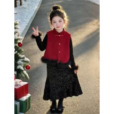 女童拜年服冬装新中式红色马甲亮片裙子小香风儿童新年战袍三件套